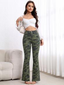 Flexra Women's Casual Versatile Flare Jeans With Pockets - Army Green - View 2
