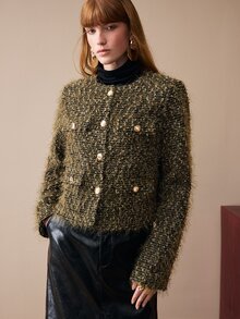 Arave Women's Jacket Broad Shoulder Straight Textured Woolen Double Breasted Gold Buttons Collarless Short Modern Olive Green Solid Winter Clothes Christmas - Army Green - View 4
