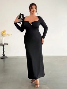 Firerie Plus Size Women's Metal Design Long Sleeve Slim Fit Elegant Dress - Black - View 4