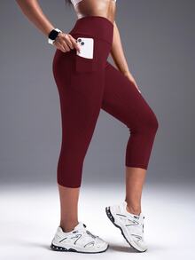 Powerista 女款運動短款緊身褲，附口袋，適合健身與訓練，舒適貼身彈性黑色七分瑜伽褲，女用健身運動褲 - 紅色 - 查看 6