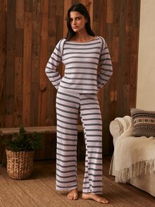 Lullawish Bộ đồ ngủ nữ áo tay dài kẻ sọc và quần dài - Nhiều màu - Xem 5