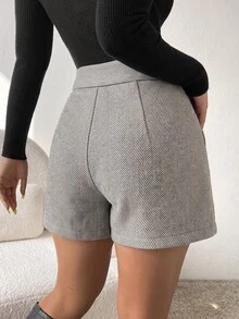 SHEIN 鈕扣門襟人字紋印花斜口袋短褲 - 灰色 - 查看 2