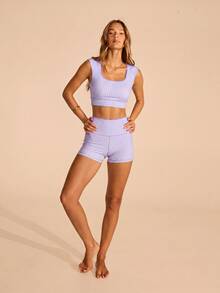 Aralina Women's Plaid Round Neck Cap Sleeve Top And Shorts Casual Sportswear Set - Purple - View 3