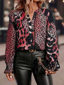 Linhara CURVE Plus Size Women's Leopard Print Notch V-Neck Long Sleeve Fashion Blouse - Burgundy - View 5