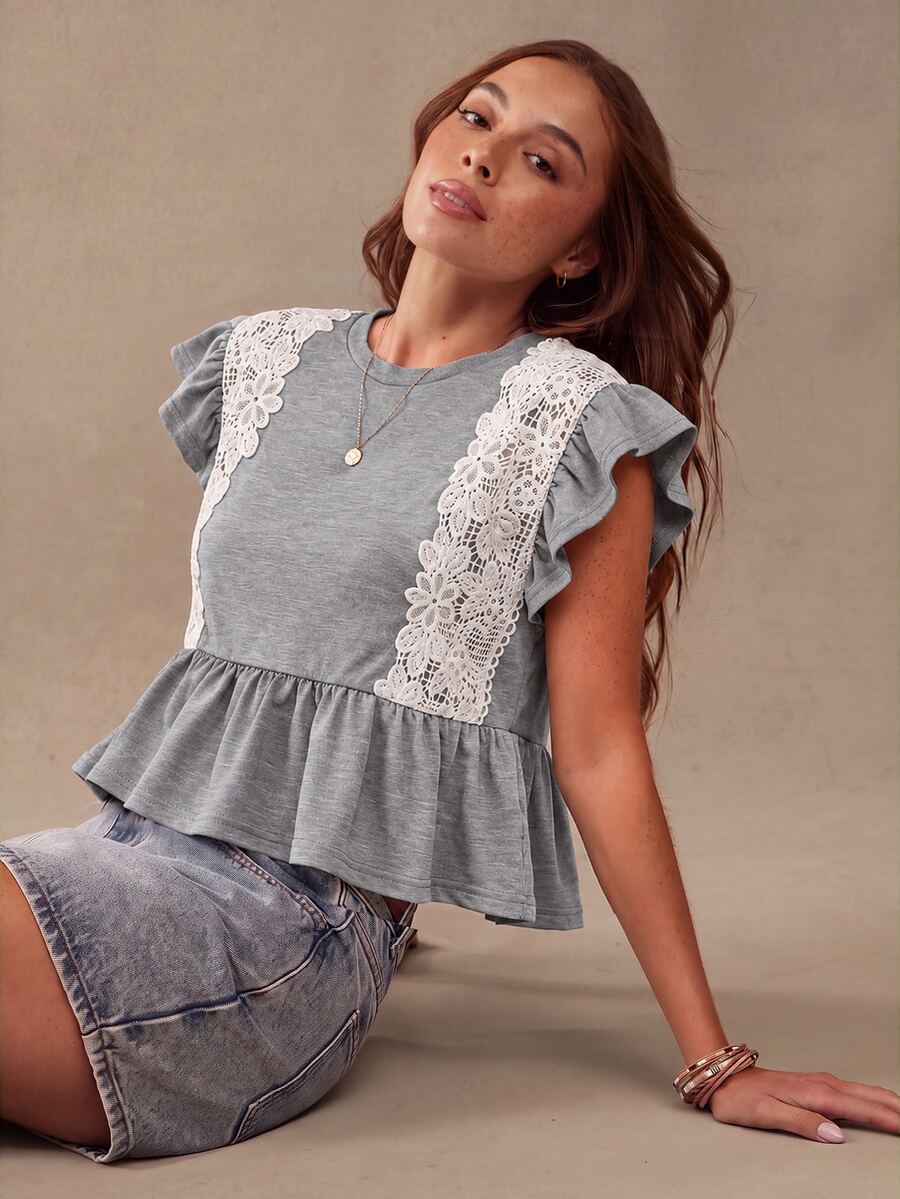 WESTFADE Lace Trim Layered Ruffle Short Sleeve Doll Top, Autumn, Women's Country Style, Cowgirl Outfit, Western Style, Brunch Wear, Basic, Cute Top - Grey - View 1