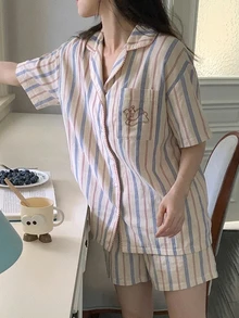 DAZY 2pcs Striped Loose Short Sleeve Cardigan Top & Short Pajama Pants Set Women's Sleepwear - Beige - View 6