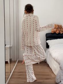 Napfluff Cute Bear Print Bow Pocket Lapel Casual Long Sleeve Pajama Set - Apricot - View 2
