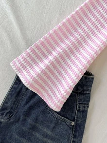 SHEIN Pink & White Striped Textured Off-Shoulder Flare Long Sleeve Top, Women's Spring/Autumn Slim Fit Cropped Waist-Cinching Base Layer - Pink - View 5