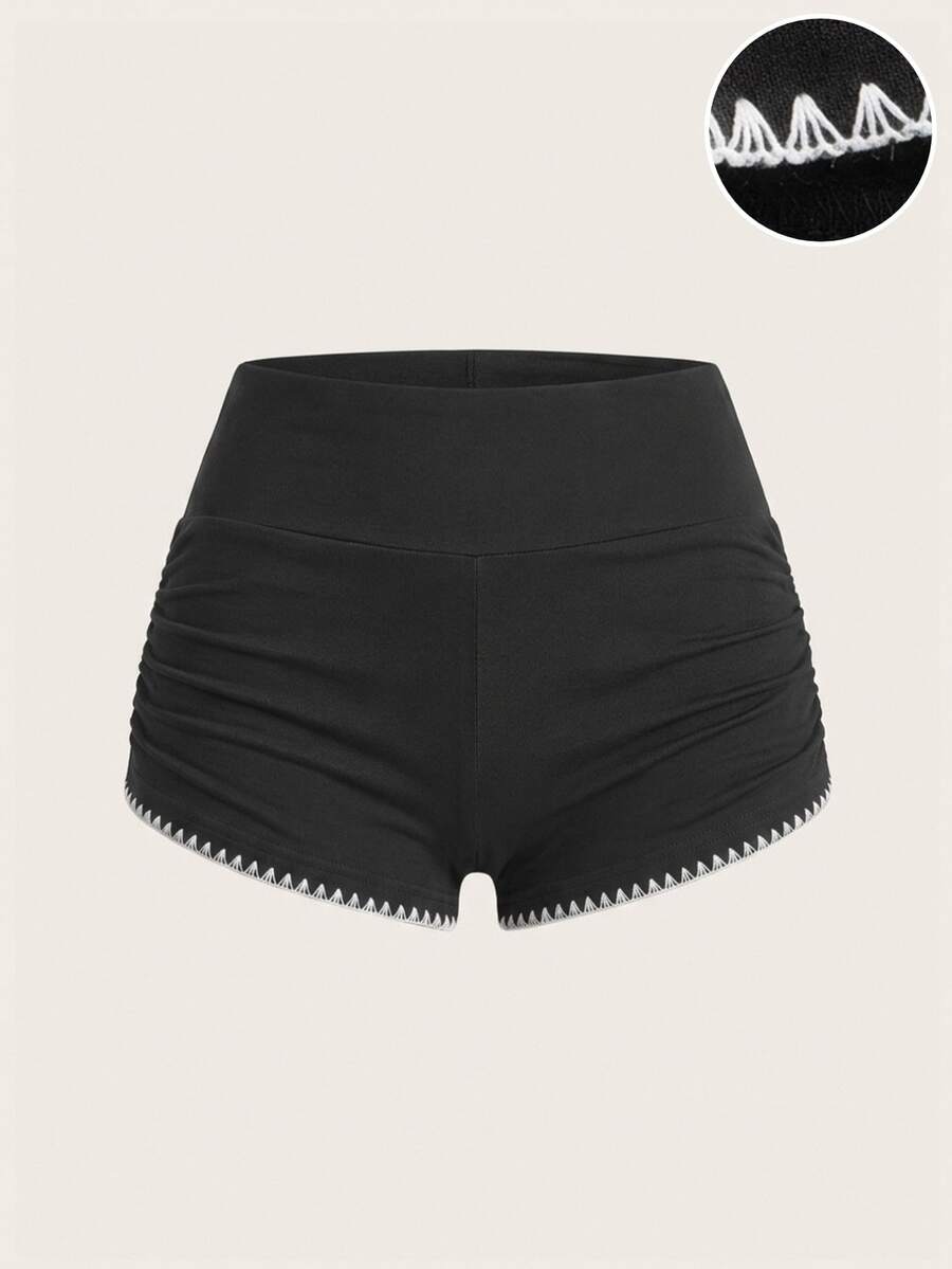 SHEIN EZwear 休閒極簡風女款花苞飾邊百褶底短褲 - 灰色 - 查看 1