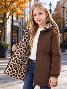 SHEIN Vintaside Kids 少女長袖可愛梭織布料連帽收腰夾克，拼色粉色抓絨內裡，寬鬆版型，適合校園與校外冬季穿著 - 咖啡棕 - 查看 2