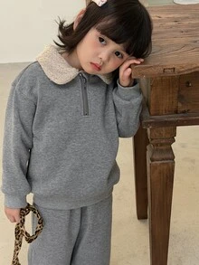 Dazy Kids Infant (Girl) Contrast Color Lapel Long Sleeve Korean Style 2 Pieces Sweatshirt Set - Grey - View 4