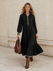 Faunlyn Gaun Wanita Fashion dengan Kancing Setengah Plaket dan Desain Blok Warna - Hitam - View 5