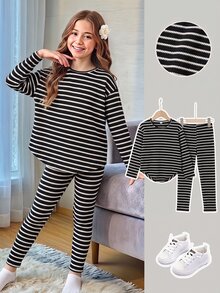 SHEIN Vintaside Kids 女童軟綿復古條紋上衣，圓弧下擺，搭配寬鬆長褲，修身輕便春/秋開學套裝 - 黑色 - 查看 4