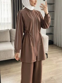 Solavon Women's Striped Colorblock Zip-Up Long Sleeve Sweatshirt And Solid Color Pants 2 Pieces Set - Brown - View 7