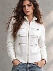 Trelyra Women's Double-Breasted Zipper Long Sleeve Knit Cardigan - White - View 1
