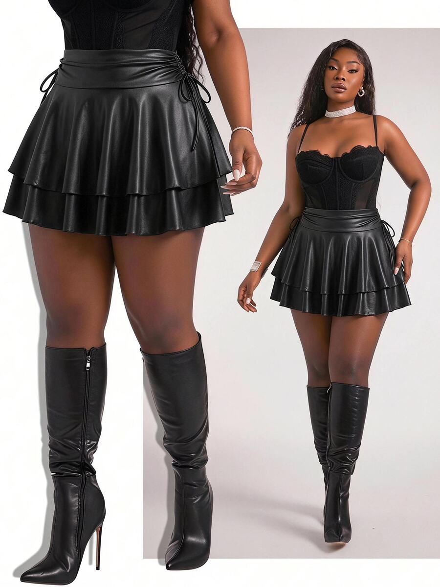 Slaydiva Plus Size Women's Black Autumn Mini Skirt, Blending 70s Concert And Rave Style, Made Of PU Coated Fabric, Featuring Drawstring Waist And Layered Ruffle Design, Combining Streetwear, Cute, Elegant And Gothic Nightclub Vibes - Black - View 1