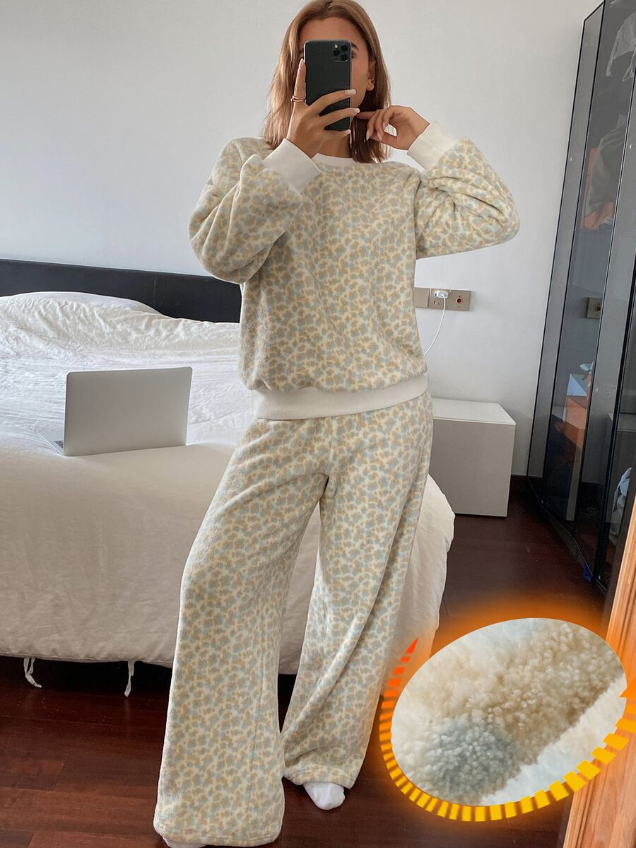 DAZY Women's Minimalist Long Sleeve Top And Fuzzy Long Pants Pajama Set - Apricot - View 1