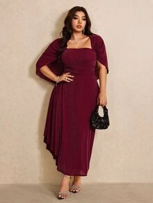 Elaquor Plus Size Women's Solid Color Pleated Elegant Waist-Cinching Party Dress Christmas - Burgundy - View 3