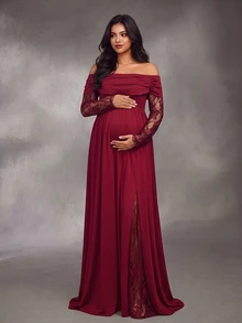 Cheriluna Maternity فستان أنيق بحجم كبير للحوامل بتصميم دانتيل مرقع للخريف/الشتاء - عنابي اللون - مشاهدة 1