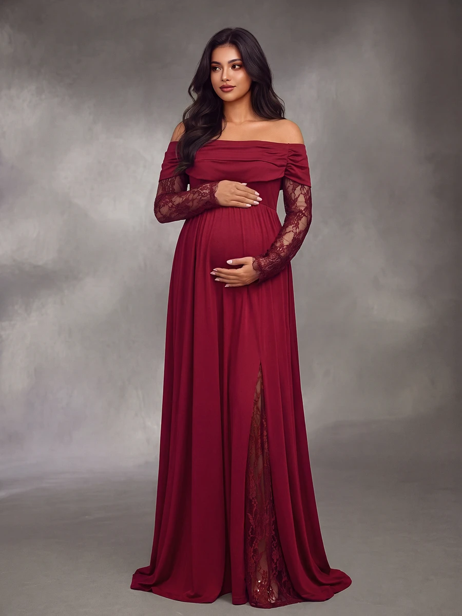 Cheriluna Maternity فستان أنيق بحجم كبير للحوامل بتصميم دانتيل مرقع للخريف/الشتاء - عنابي اللون - مشاهدة 1