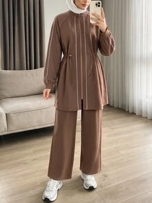 Solavon Women's Striped Colorblock Zip-Up Long Sleeve Sweatshirt And Solid Color Pants 2 Pieces Set - Brown - View 8