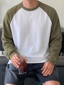 DAZY 男士秋季拼接撞色長袖T恤，適合秋季穿著 - 軍綠色 - 查看 10