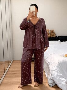 Napfluff CURVE Napfluff CURVE Romantic Heart Print Lace Trim V-Neck Long Sleeve Pants Plus Size Pajama Set - Brown - View 6