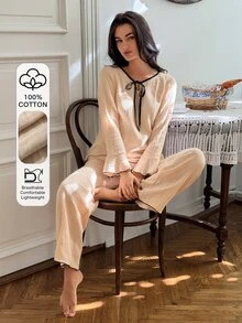 DAZY Women's Front Tie Long Sleeve Top And Pants Pajama Set - Beige - View 5