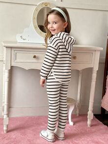 Elladie kids 青少年女孩格紋連帽2件套服裝，長袖連帽衫與彈性長褲套裝，休閒套裝，適合春秋穿著 - 白色 - 查看 2