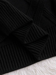 SHEIN 青少年男孩舒適高領長袖套頭毛衣，白色，秋季，休閒，校園，返校季，復古百搭冬季衣物 - 黑色 - 查看 5