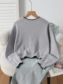 SHEIN 女童灰色可愛蝴蝶結刺繡針織毛衣，秋冬圓領撞色波浪邊長袖套頭上衣，柔軟親膚，適合學校、派對、日常休閒穿著 - 灰色 - 查看 2