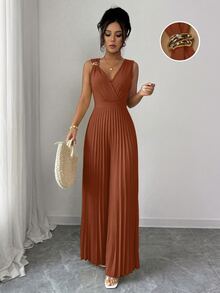 Elenzga 女款春夏優雅通勤黃色V領無袖金屬扣收腰百褶設計修身連身褲 - 橘色 - 查看 3