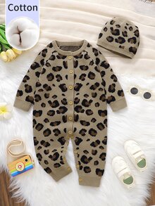 SHEIN Pure Cotton Vintage Leopard Print Baby Knit Romper With Round Neck And Button Closure, Matching Hat, Fashionable Versatile Crawler Suit For Daily Wear, Travel, Vacation And Photo Shoots - Multicolor - View 4