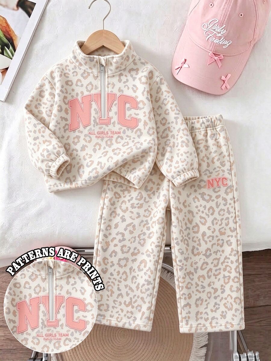 Setelan Baju Pullover Fleece Berkerah Tinggi dengan Resleting Motif Leopard & Huruf untuk Anak Perempuan dan Celana Jogging Bergaris Lebar yang Serasi, Cocok untuk Pakaian Musim Dingin - MultiWarna - View 1