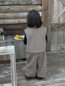 Dazy Kids Baby Girl Solid Color Single-Breasted Vest And Long Pants Casual Daily Outfit - Grey - View 2