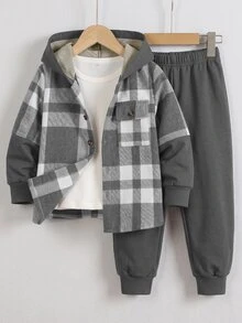 SHEIN 2件組小男孩冬季返校職業日秋季時尚咖啡色格紋撞色連帽外套（含口袋與鬆緊腰）搭配素色長褲 - 灰色 - 查看 2