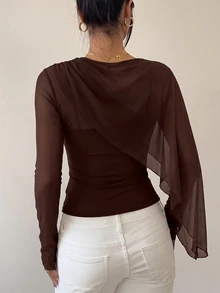 Glamine Women's Elegant Solid Color Asymmetrical Top, Autumn Dinner Going Out Brown - Chocolate Brown - View 2