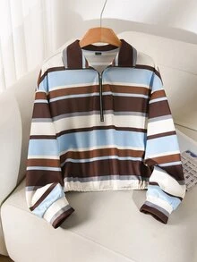 Story & Sage Women's Striped Half-Zip Long Sleeve Casual Sweatshirt - Brown - View 1