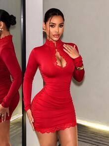 VaVaBold Women's Lace Patchwork Hollow Out Fitted Mini Dress - Red - View 7