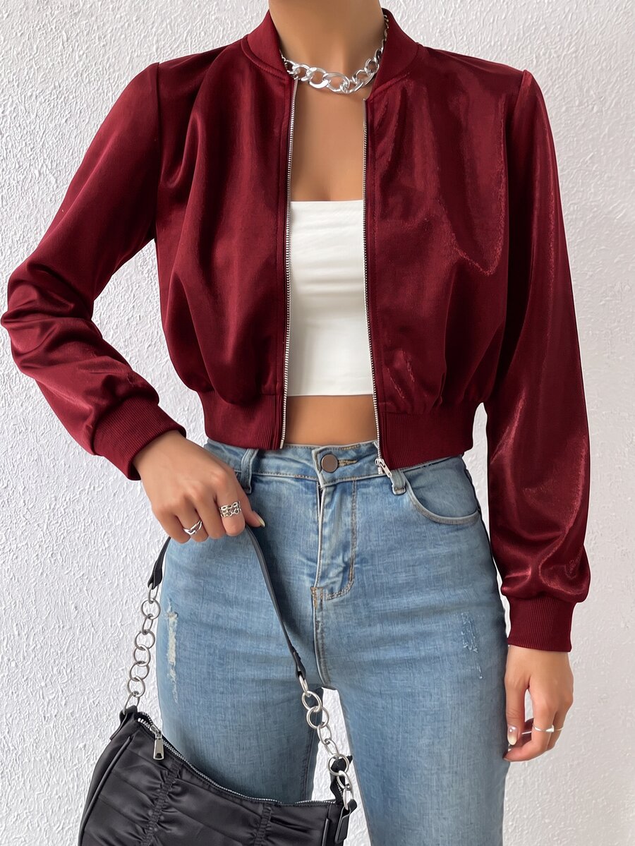 SHEIN EZwear 女款黑色拉鍊短版飛行夾克,秋季休閒街頭風日常輕便純色女式春秋常規版棒球領夾克 - 酒紅色 - 查看 1