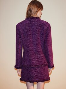 Arave Tweed Fabric Elegant Button Decor Loose Versatile Jacket And Frayed Design Skirt Women 2 Pieces Set - Purple - View 2