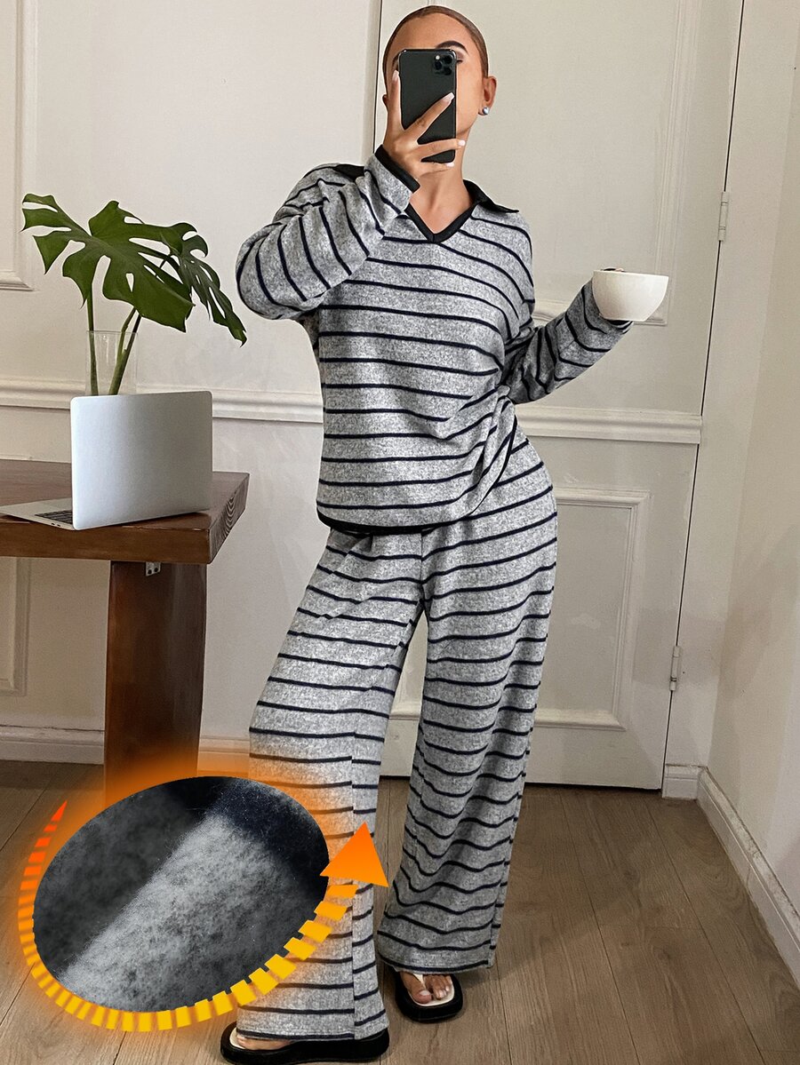 DAZY 2pcs Women's Pajama Set, Colorblock V-Neck Striped Loose Long Sleeve Top And Straight Leg Long Pants - Light Grey - View 1