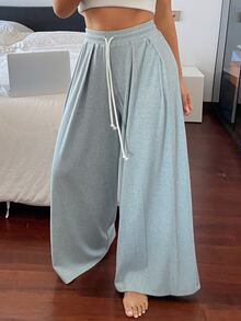 DAZY Women's Drawstring Waist Loose Pleated Loungewear Bottoms - Blue - View 3