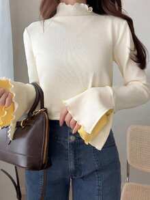 DAZY Teen Girls Half Mock Neck Patchwork Long Sleeve Inner Layer T-Shirt, Autumn - Beige - View 7