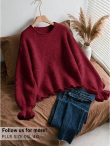 CosyJoli Áo len chui đầu dệt kim dày màu trơn dáng rộng, tay áo bo bèo, dáng ngắn, phong cách corset, màu đỏ rượu vang, phù hợp cho mùa đông, Giáng sinh, tiệc tối, trang trọng và đám cưới - Màu Đỏ Sâu - Xem 3