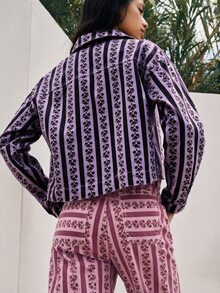Nöista Denim Jacket With Floral And Stripes Print - Purple - View 7