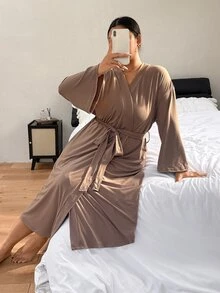 Napfluff CURVE Napfluff CURVE Plus Size Minimalist Lace Patchwork Camisole Nightgown + Loose Long Robe Loungewear Set - Brown - View 5