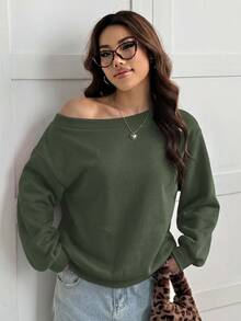 SHEIN EZwear 女款深棕色寬鬆保暖內裡不對稱肩領衛衣，秋冬早午餐休閒穿搭 - 軍綠色 - 查看 3