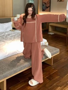 Livesso Bộ đồ ngủ nữ áo dài tay phối ren và quần - màu nâu - Xem 9