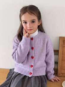 DAZY Áo cardigan nữ tween cổ tròn tay dài họa tiết trái tim cài nút màu trơn - Màu tím - Xem 4